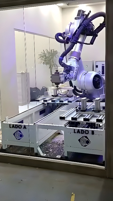 Six-axis industrial robot milling a circular metal workpiece inside a glass safety enclosure with visible metal chips