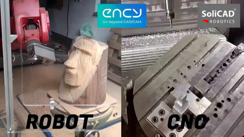 Six-axis industrial robot rough-milling a wooden sculpture and CNC milling machine machining a metal workpiece
