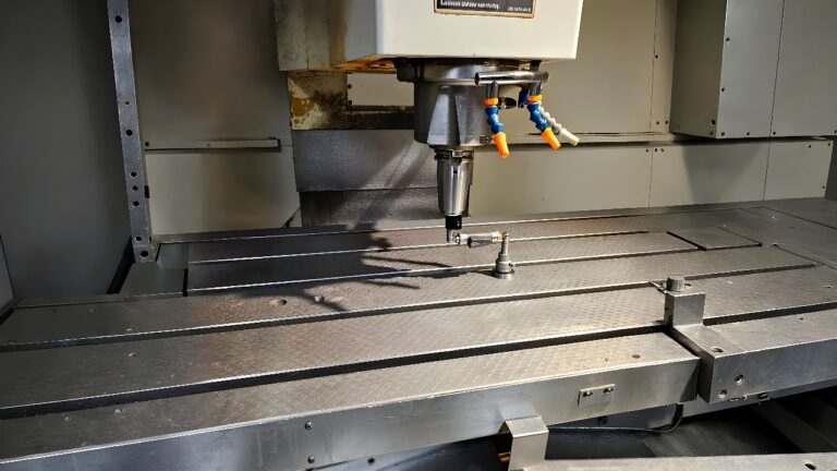 Vertical CNC machining center performing a touch-probe routine on a small metal workpiece with coolant hoses and a stylus probe.