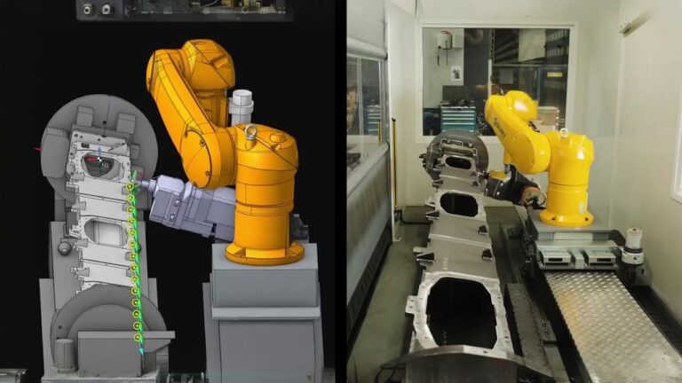 Six-axis industrial robot machining a long metal workpiece with visible toolpath trajectories