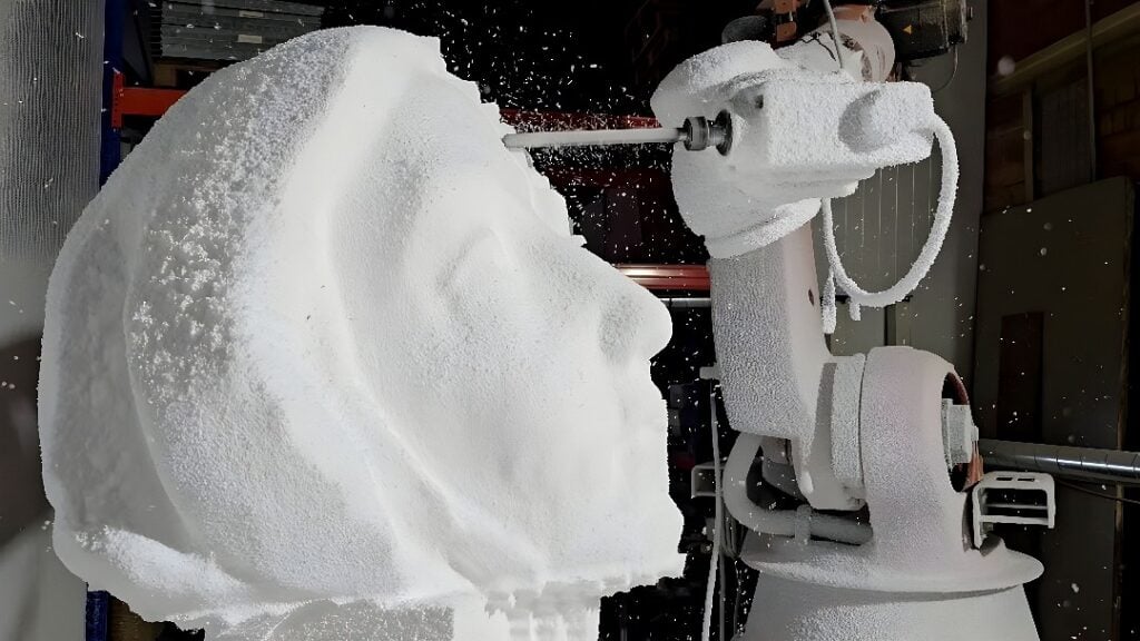Industrial six-axis robotic arm performing subtractive milling on a foam block, sculpting a human head model