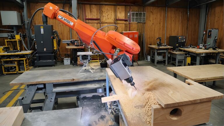 An orange six-axis industrial robot arm with a CNC spindle milling a wooden workpiece on a dust-covered table.