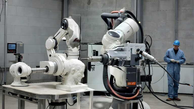 A six-axis industrial robot arm CNC milling a white foam head sculpture with dust extraction system in the background.