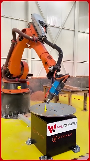Orange industrial robot with blue spindle drilling holes in a circular metal plate on a rotating fixture table