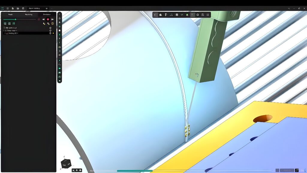 Industrial robot performing automated welding on a steel cylinder in a simulated manufacturing cell