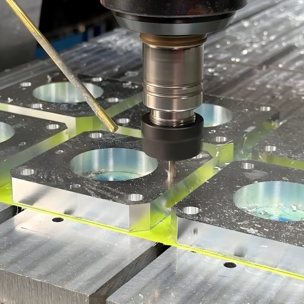 Vertical CNC milling spindle cutting concentric circular pockets and bolt-hole patterns into aluminum plates with coolant and chips visible