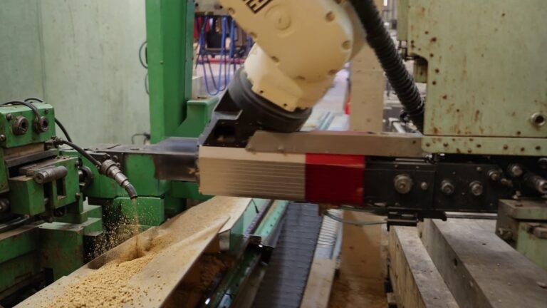 KUKA industrial robot milling a wooden board with a CNC spindle, wood chips beneath