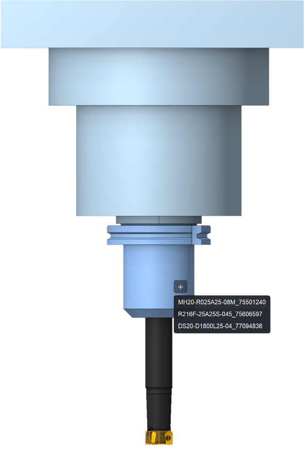 A tool assembly built from connected components on a transparent background: spindle-side holder, modular coupling, adapter, dark shank and yellow cutting insert — labelled with their part numbers.