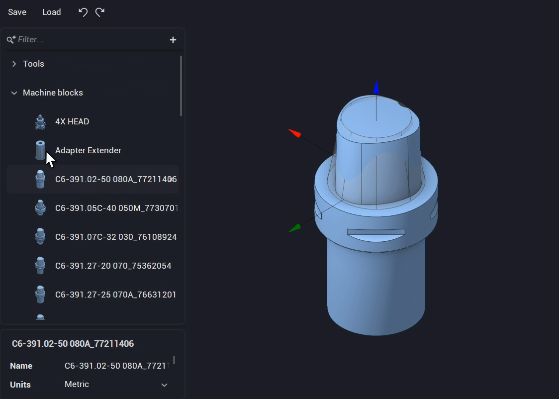 The Component libraries window: library panel with Machine blocks tree, component list, properties and 3D preview of the selected adapter.