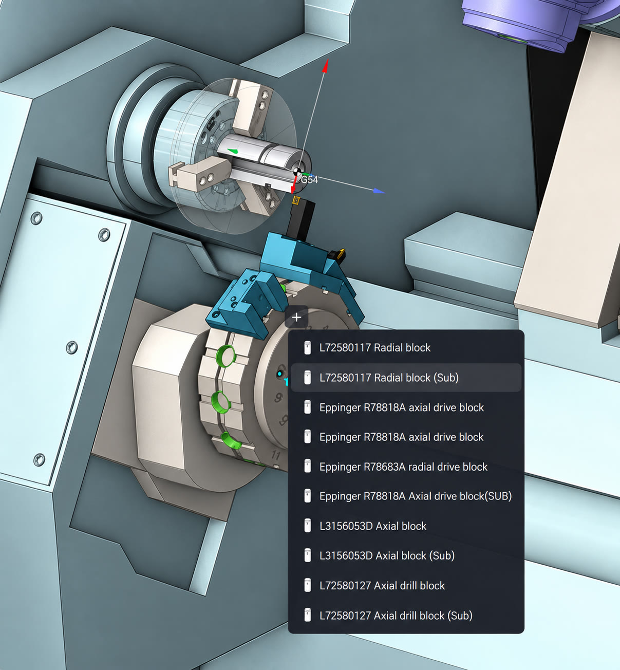 Building an assembly on the machine in ENCY: a free socket on the lathe turret offers only tool blocks whose connection type matches — Sandvik radial and axial blocks, Eppinger drive blocks — with the workpiece and G54 coordinate system visible in the 3D scene.