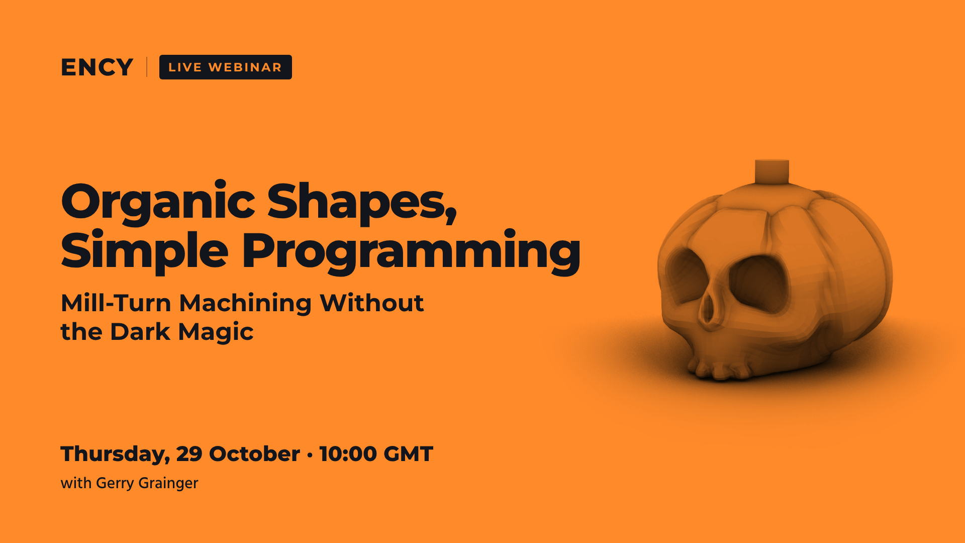 ENCY live webinar banner with an orange skull-shaped jack-o-lantern pumpkin model